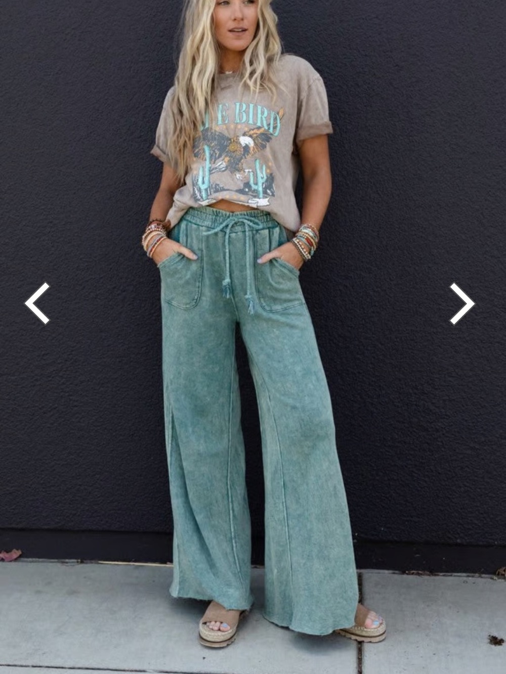 Wide Leg Drawstring Women Jeans - Light Teal